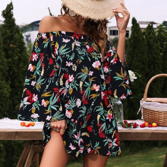 Off Shoulder Dress Tropical Print - Picture 1 of 6